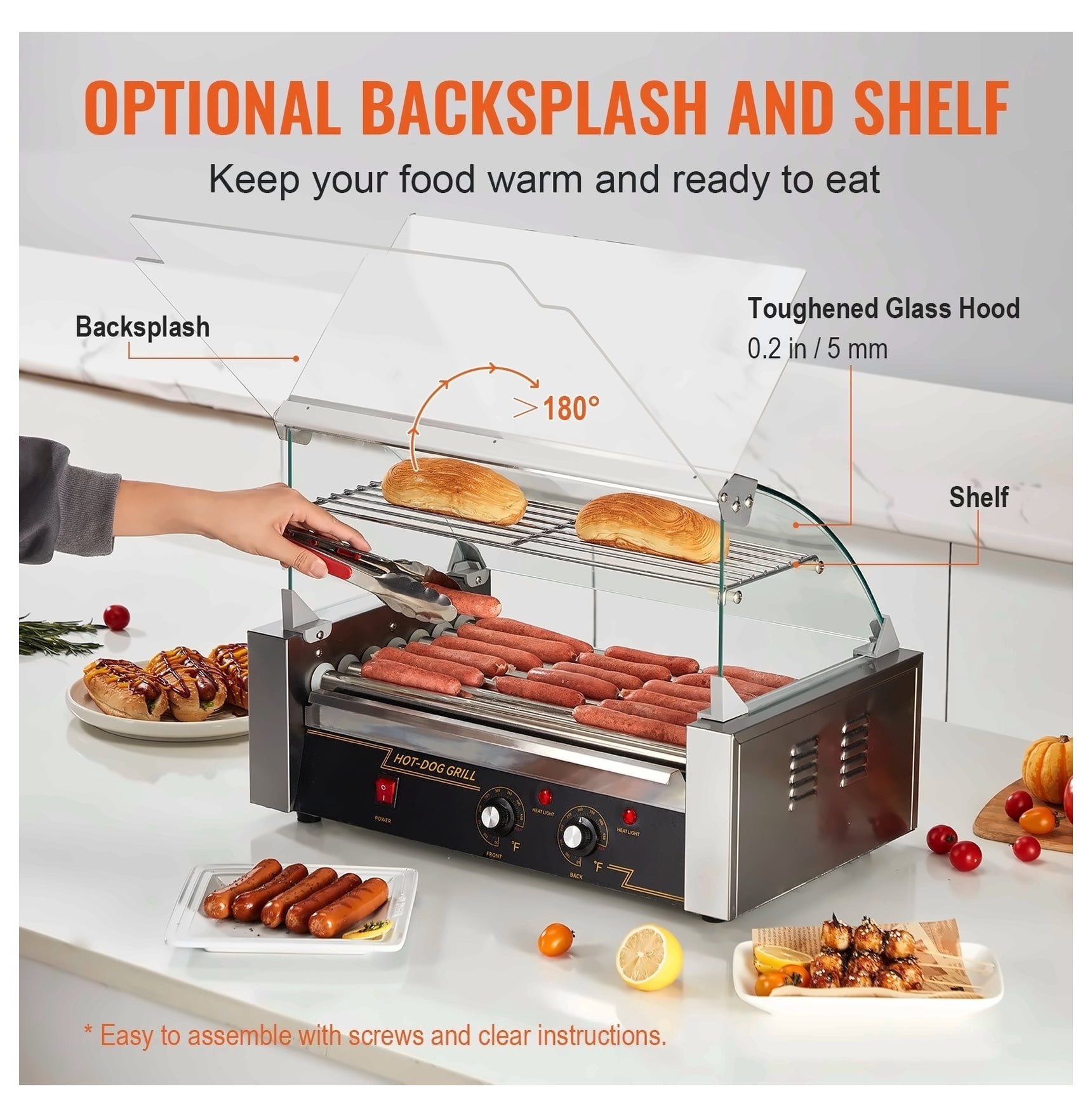 Hot Dog Roller 7 Rollers 18 Capacity 1050W Stainless Steel Sausage Grill Cooker Machine with Dual Temp Control & Bun Warmer
