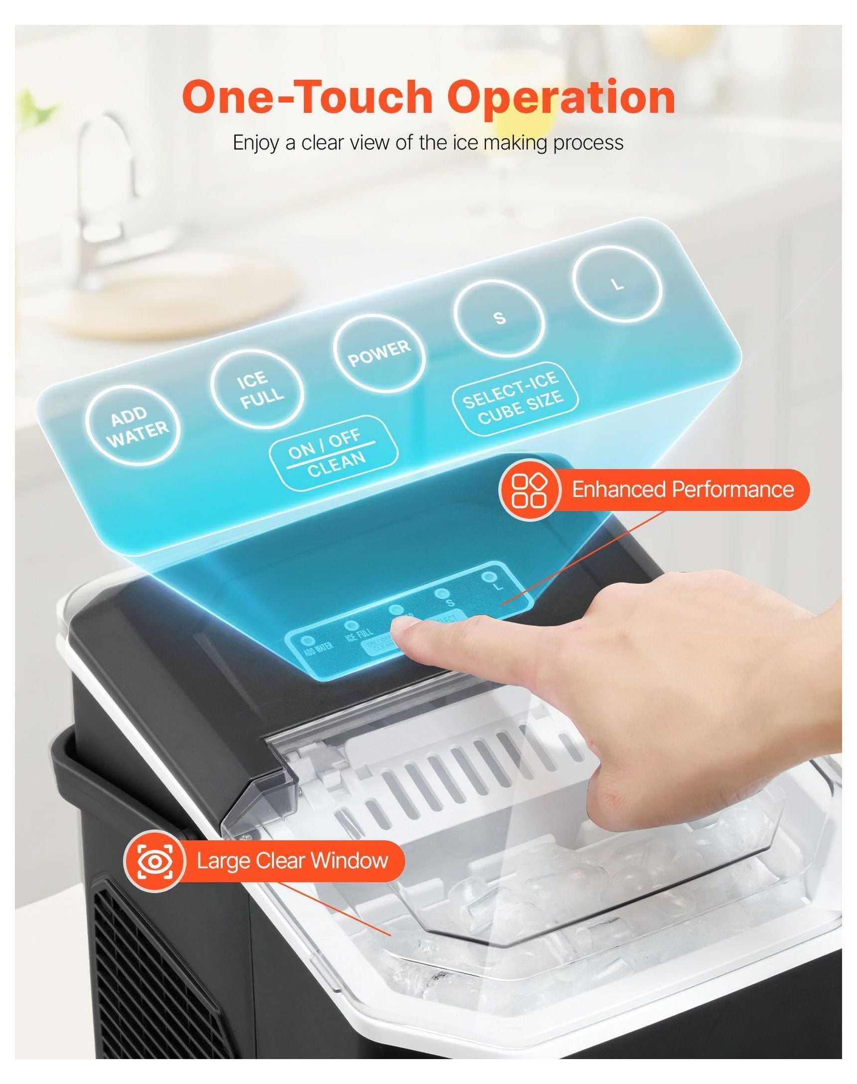 Portable Ice Maker, 26lbs/24h Countertop Ice Machine, Self-Cleaning, Bullet & Large Ice, Stainless Steel, Fast Ice Maker for Home Bar & Kitchen