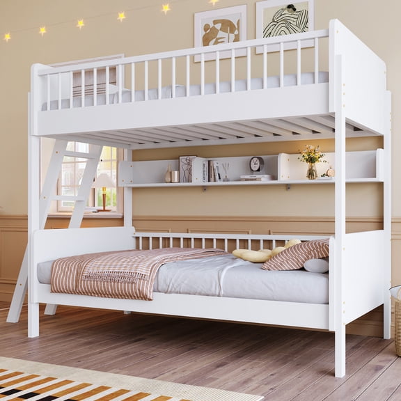Bellemave Bunk Bed with Storage Shelves, Wooden Twin Over Twin Bunk Beds with with Bookshelf and Ladder, Ladder Can be Changed Left or Right, No Box Spring Required,White