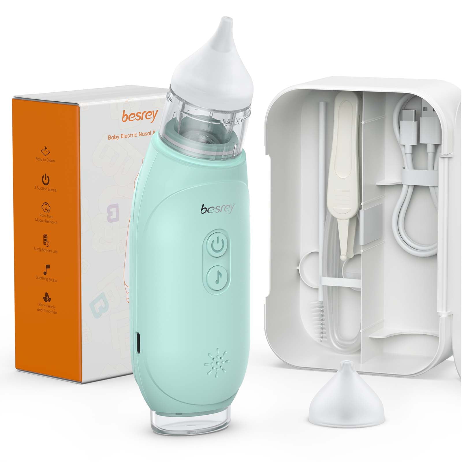 Besrey Baby Electric Nasal Aspirator, Electric Nose Suction with 3 Suction Levels & 2 Silicone