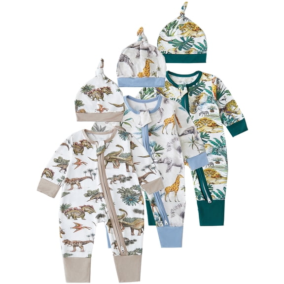 WIBACKER Convertible Footie Pajamas for Newborn Baby Boys Viscose from Bamboo Dinosaur Infant Sleepers with Hat 2-Way Zipper PJs 3-6M