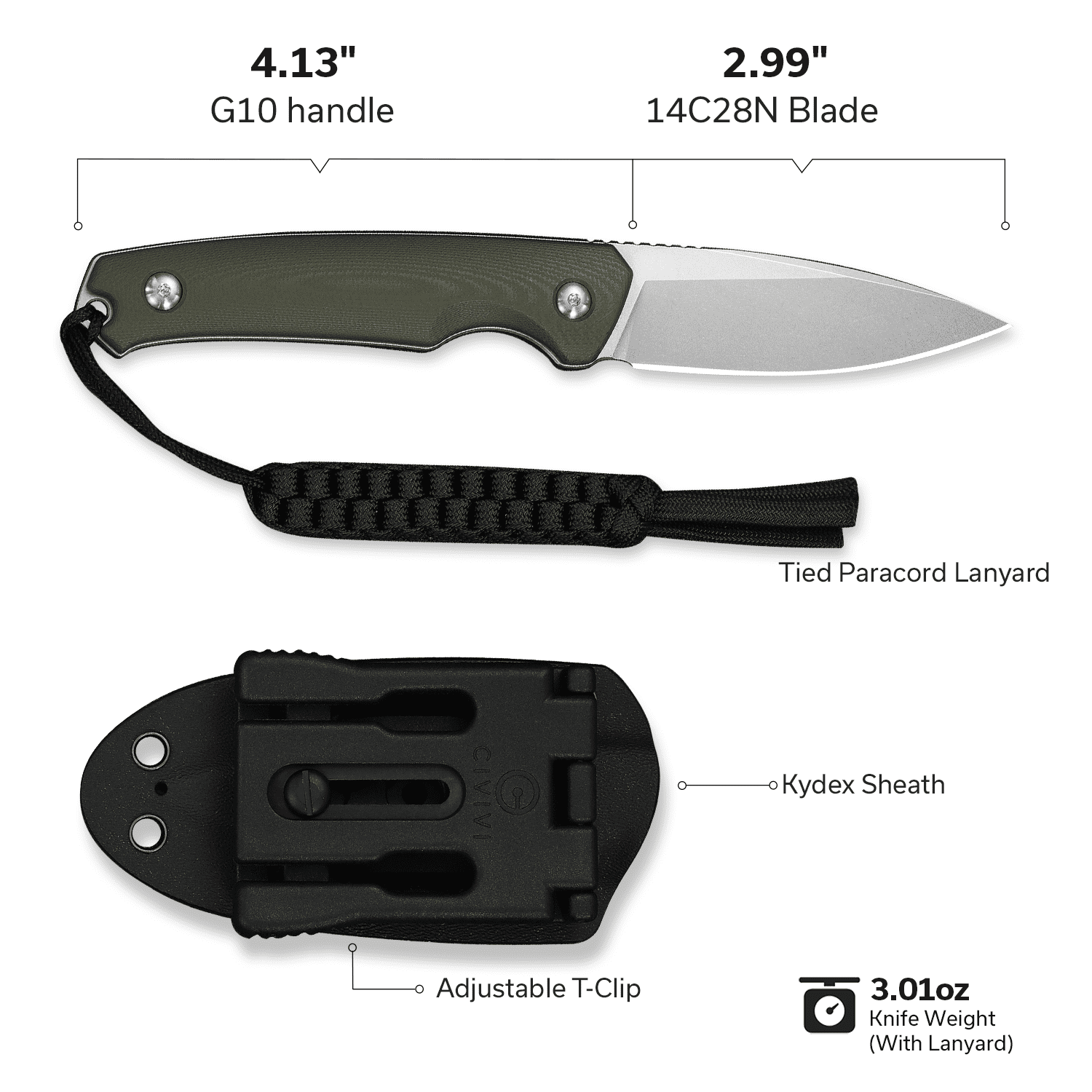 CIVIVI Altus Fixed Blade Knife with Black Kydex Sheath & T-Clip, Tactical Knife with 2.99" Stonewashed 14C28N Blade OD Green G10 Handle C20076B-1, With 1PC Black Lanyard