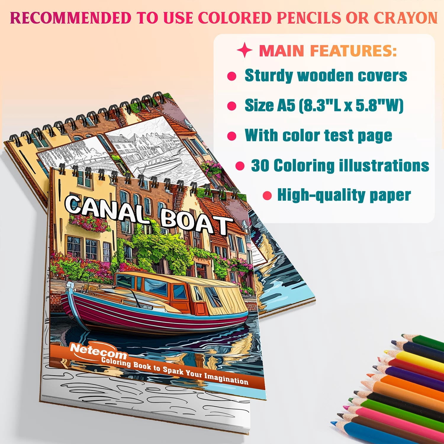 Netecom Canal Boat Coloring Book Spiral Bound for Adults, A5 Wooden Cover, 30 Beautiful Coloring Pages of Canal Boats on River for Stress Relief and Relaxation