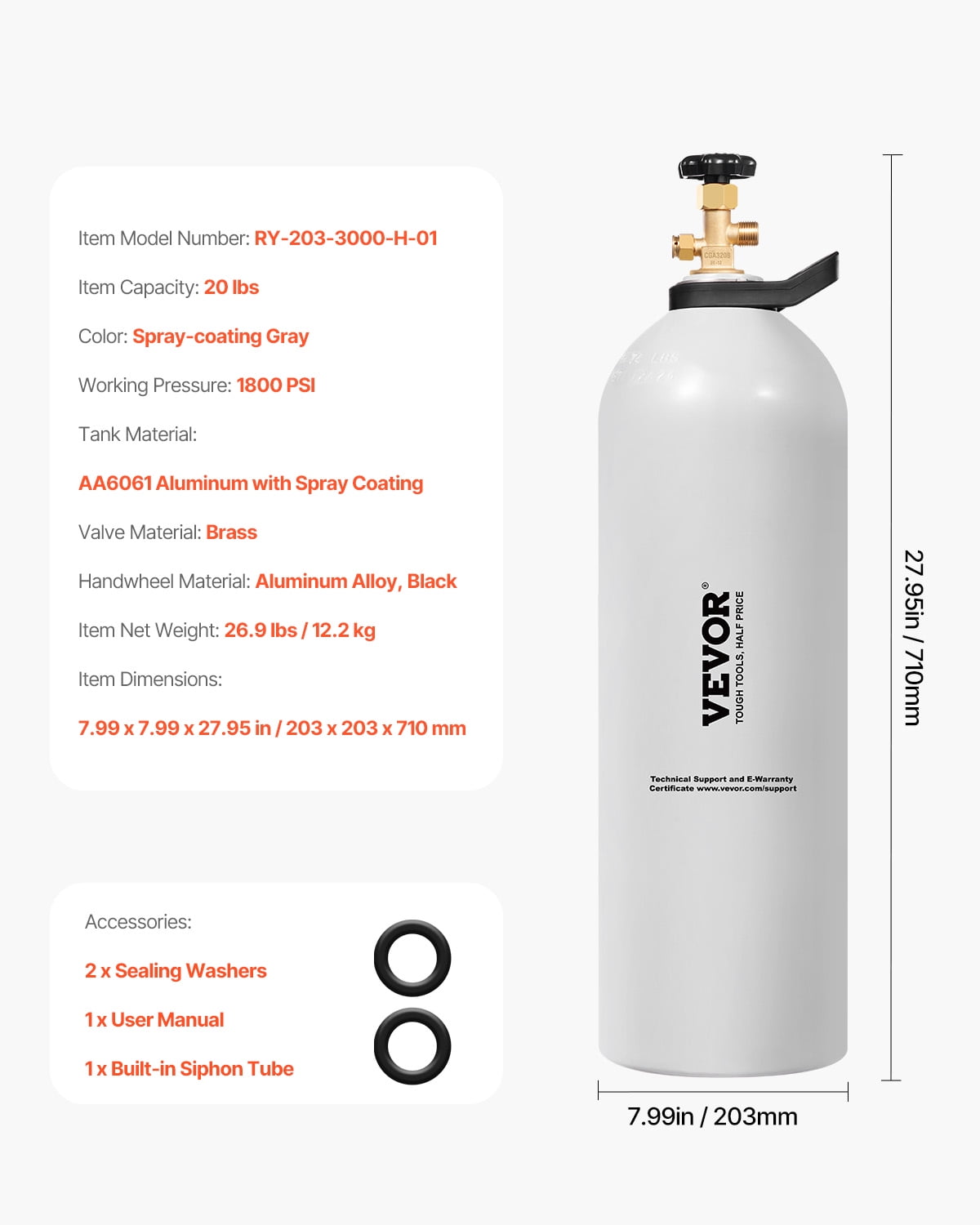 VEVOR CO2 Tank, 20 lbs New Aluminum Alloy Cylinder, CO2 Air Tank with Light Spray Coating, CGA320 Valve, Handle & Purple Copper Siphon, DOT Approved Cylinder for Draft Beer Dispensing