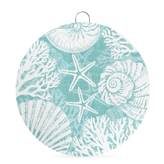 Round Welcome Sign for Front Door, Teal Green Starfish Coastal Hanging Metal Farmhouse Wall Decor for Porch Entryway, Summer Coral Shell Beach Nautical Decoration for Holiday Housewarming Gift, 8 in