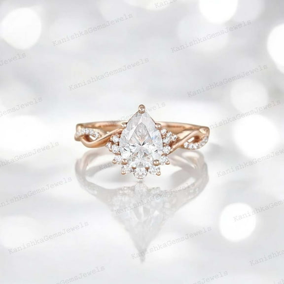 KANISHKAGEMS&JEWELS 7x5MM / 2Ct Pear Moissanite Engagement Ring CZ Diamond Twisted Women Jewelry Half Halo Proposal Ring Birthday Gift For Daughter