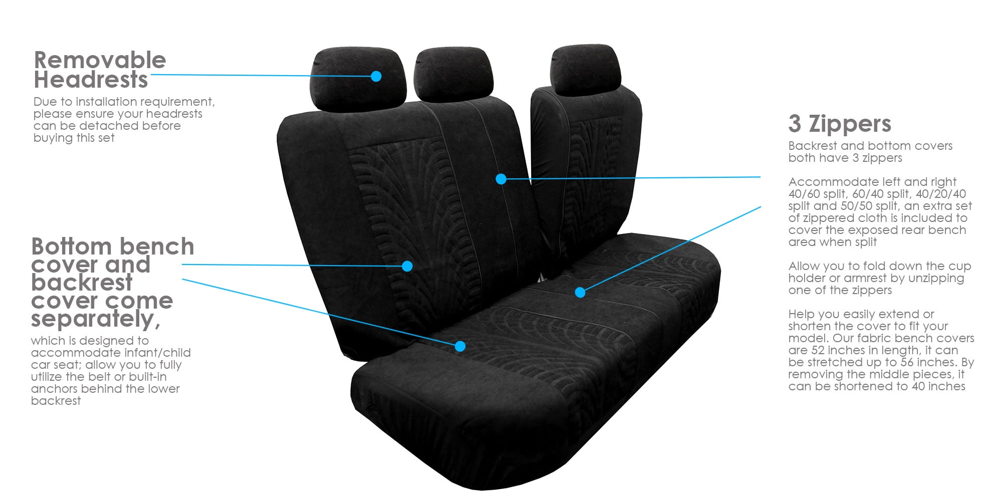 FH Group 3 Row SUV Van Seat Covers Black Combo w/ Gray Floor Mats - 8 Seaters
