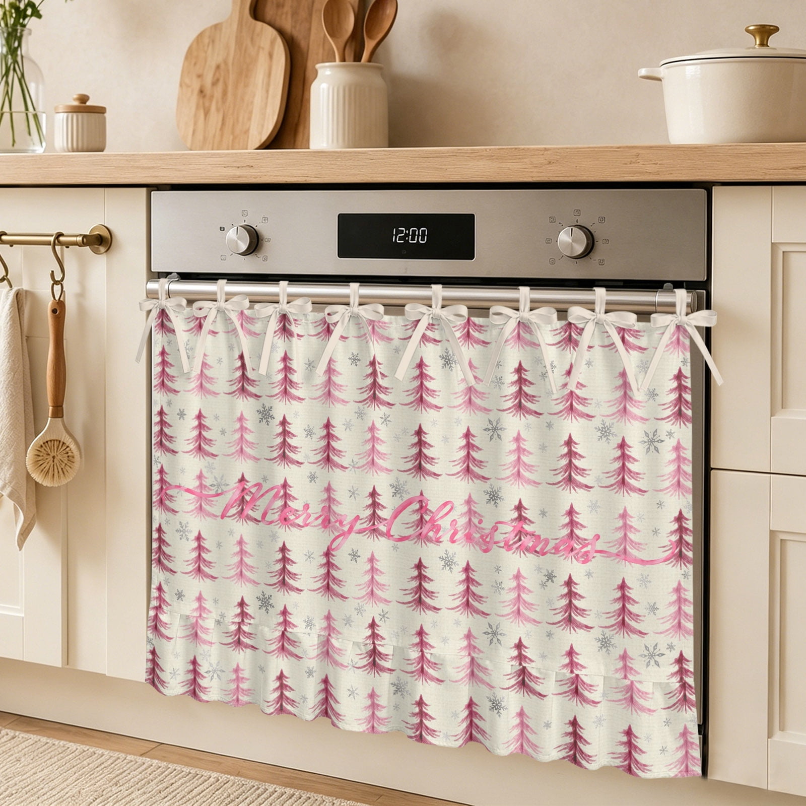 Merry Christmas Oven Skirt Curtain Winter Minimalist Pink Pine Tree Snowflake Tie Top Tier Curtains Stove Dishwasher Skirt Small Window Drapes for Kitchen Bathroom Cafe 27 x20