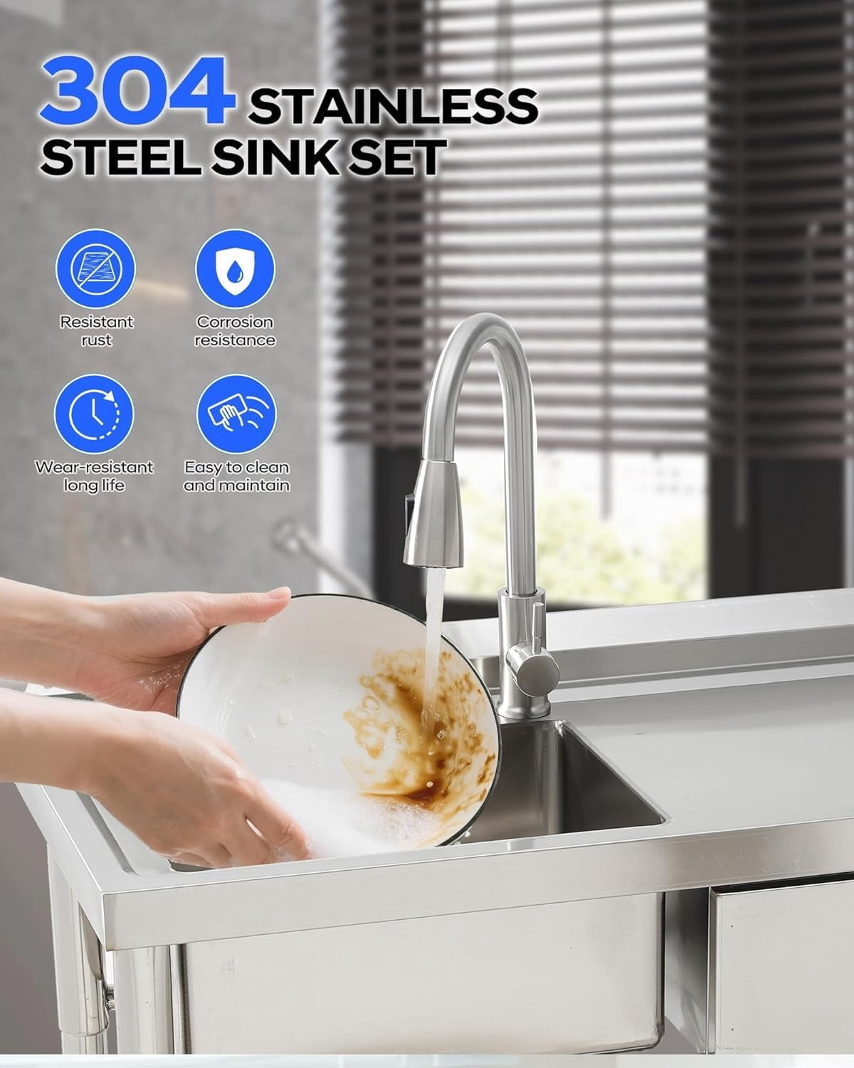Accreate 39 Inch Single Bowl Stainless Steel Utility Sink, Free Standing Unit with Drawer, Workbench, Storage Rack, Faucet & Full Plumbing Set