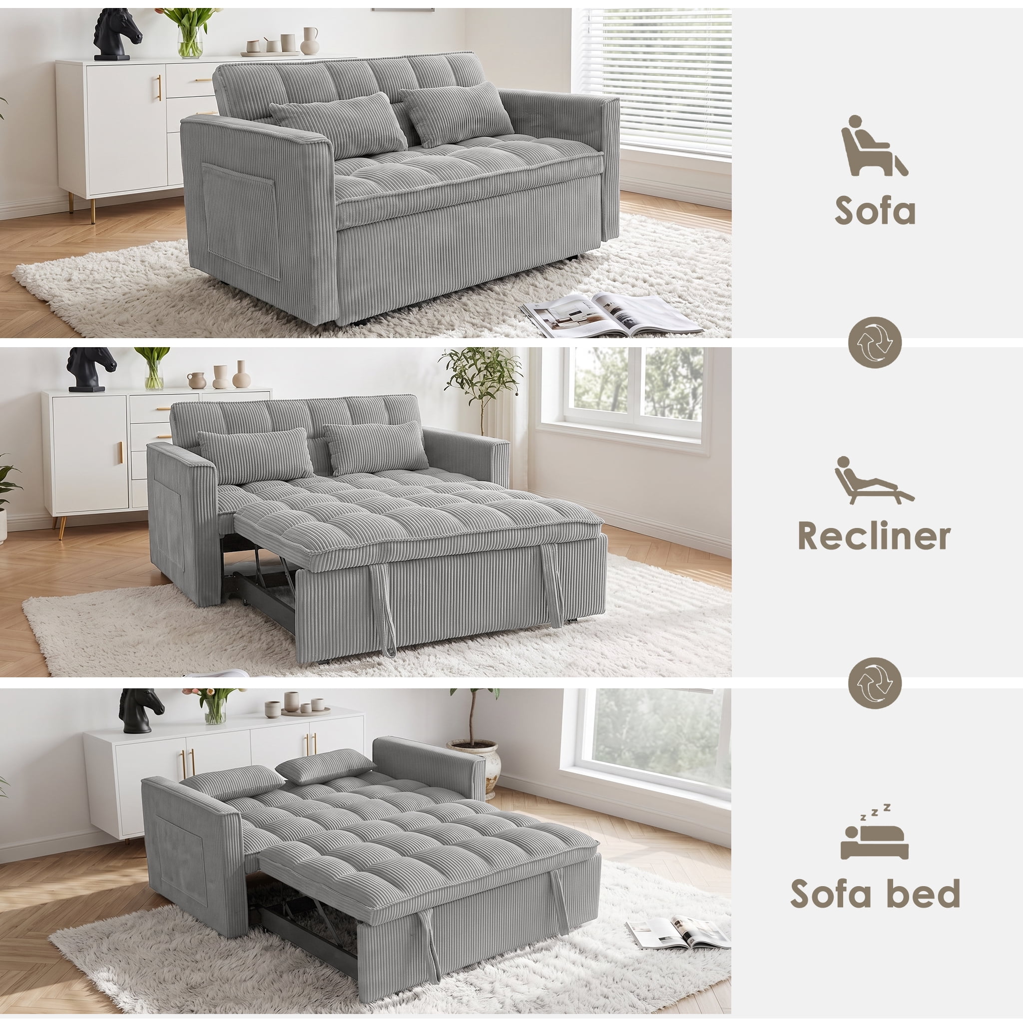 ShiKeyi 54" Corduroy Convertible Sofa Bed, 3 in 1 Pull Out Sleeper Sofa, Loveseat Couch with Storage Pocket, Light Gray