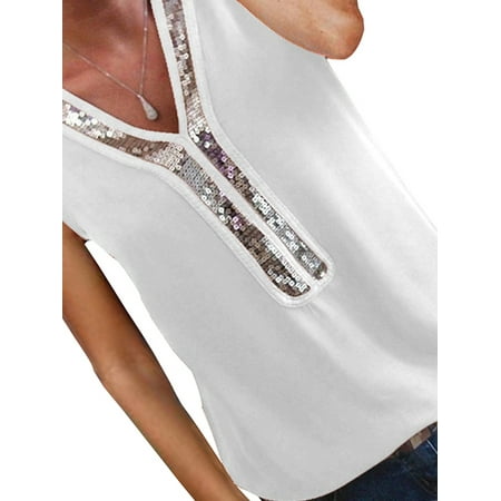 - Women Plus Size Summer Sequined Splice V Neck Blouses Shirts Loose Baggy Sleeveless Chiffon T-shirt Top S-5XL