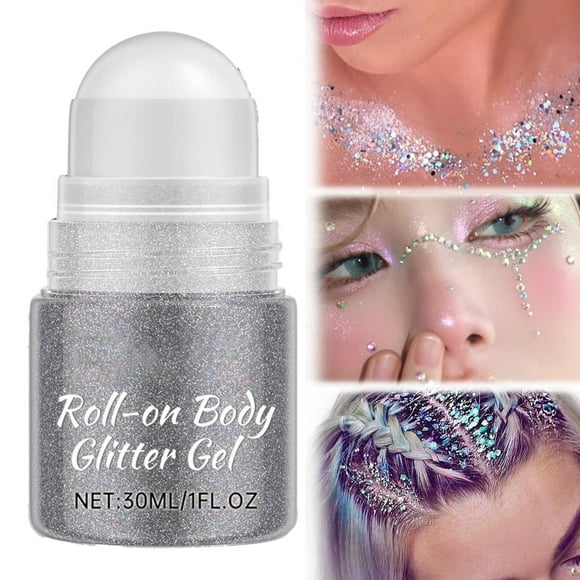 Kyda Roll On Body Glitter Stick Chunky Glitter Gel For Face Body Hair Sparkling Sequins Paint Jelly Multiuse Makeup Glitter Gel Silver,30Ml,Silver Flash Roller