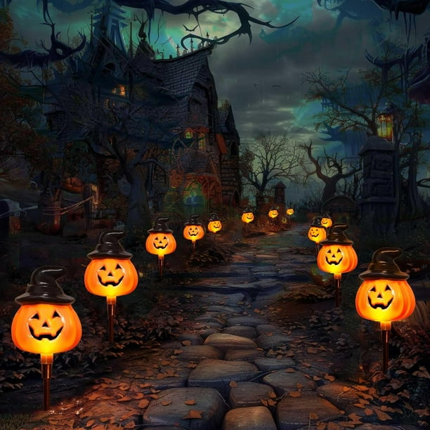 6 Pack Halloween Pumpkin Pathway Solar Lights, Orange Jack O Lantern Stake String Lights for Outdoor Halloween Decorations, Outside Halloween Yard Display Solar LED Halloween Décor Front Porch Decor