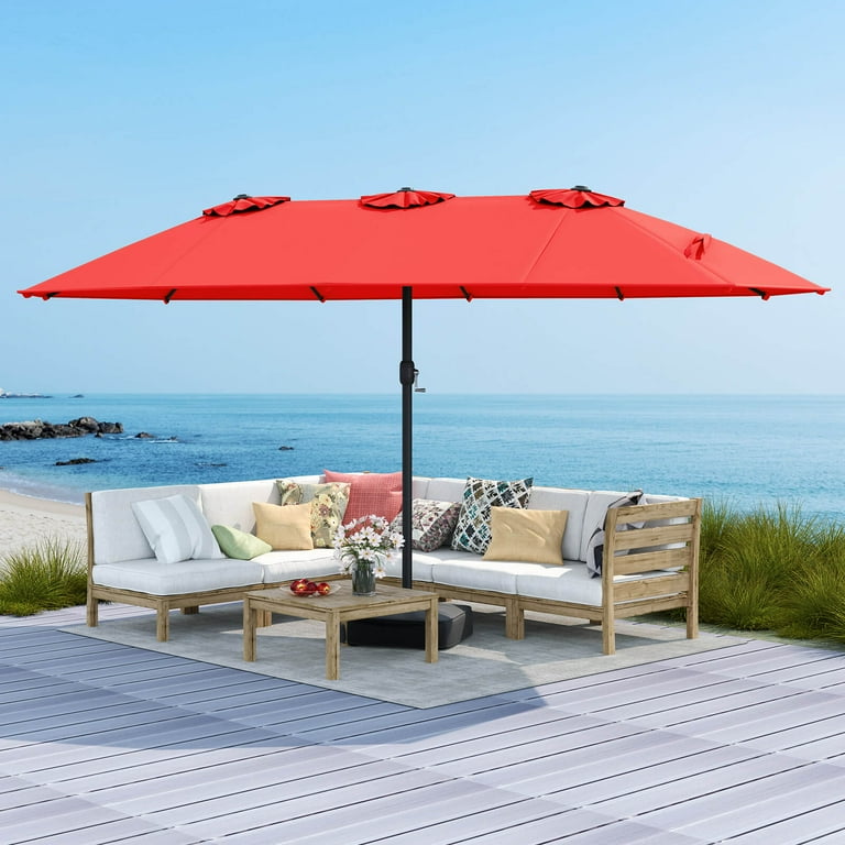 bright red patio umbrella 15 Feet Double-Sided Twin Patio Umbrella with Crank and Base-Red