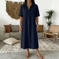 thumbnail image 2 of Women's Shirt Dresses Collared Short Sleeve Maxi Dress Breathable Relaxed Fit Vacation Resort Summer Dress Navy L, 2 of 6