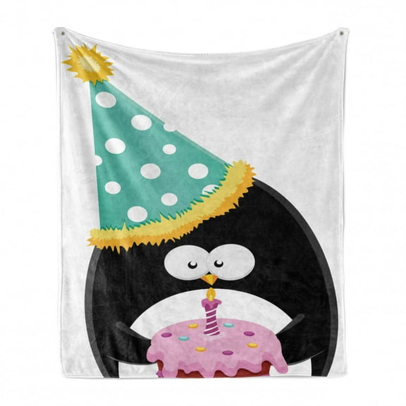 Birthday Soft Flannel Fleece Throw Blanket, Funny Peinguin with Party Hat and Cake Newborn Cartoon Style Happiness, Cozy Plush for Indoor and Outdoor Use, 70" x 90", Multicolor, by Ambesonne