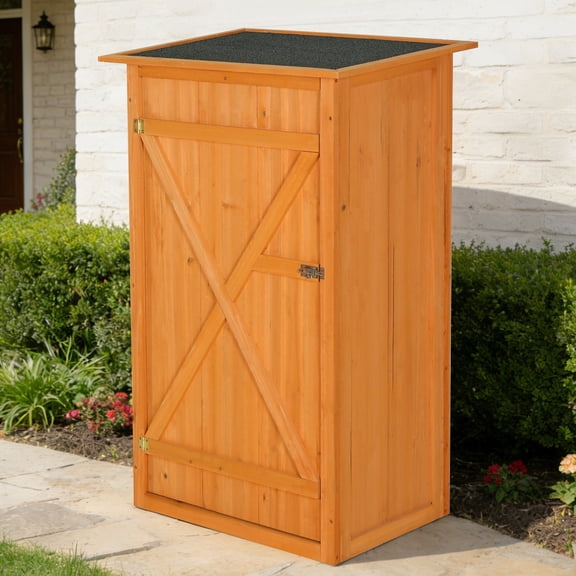 Olurrisa Wood & Waterproof Fabric Outdoor Storage Shed with Lockable Door, 2 Shelves, Flat Roof Garden Cabinet for Backyard, Lawn, Patio Furniture & Tools