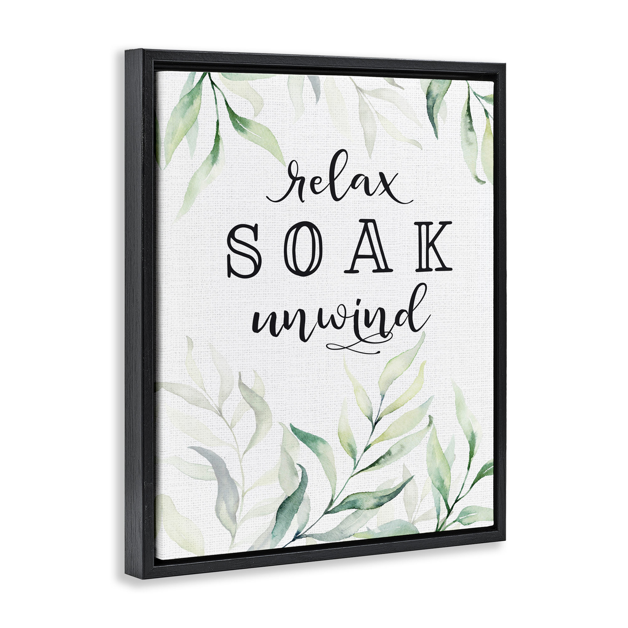 Soak & Unwind with Leaves Black Framed Floater Canvas Wall Art, design by Lettered and Lined