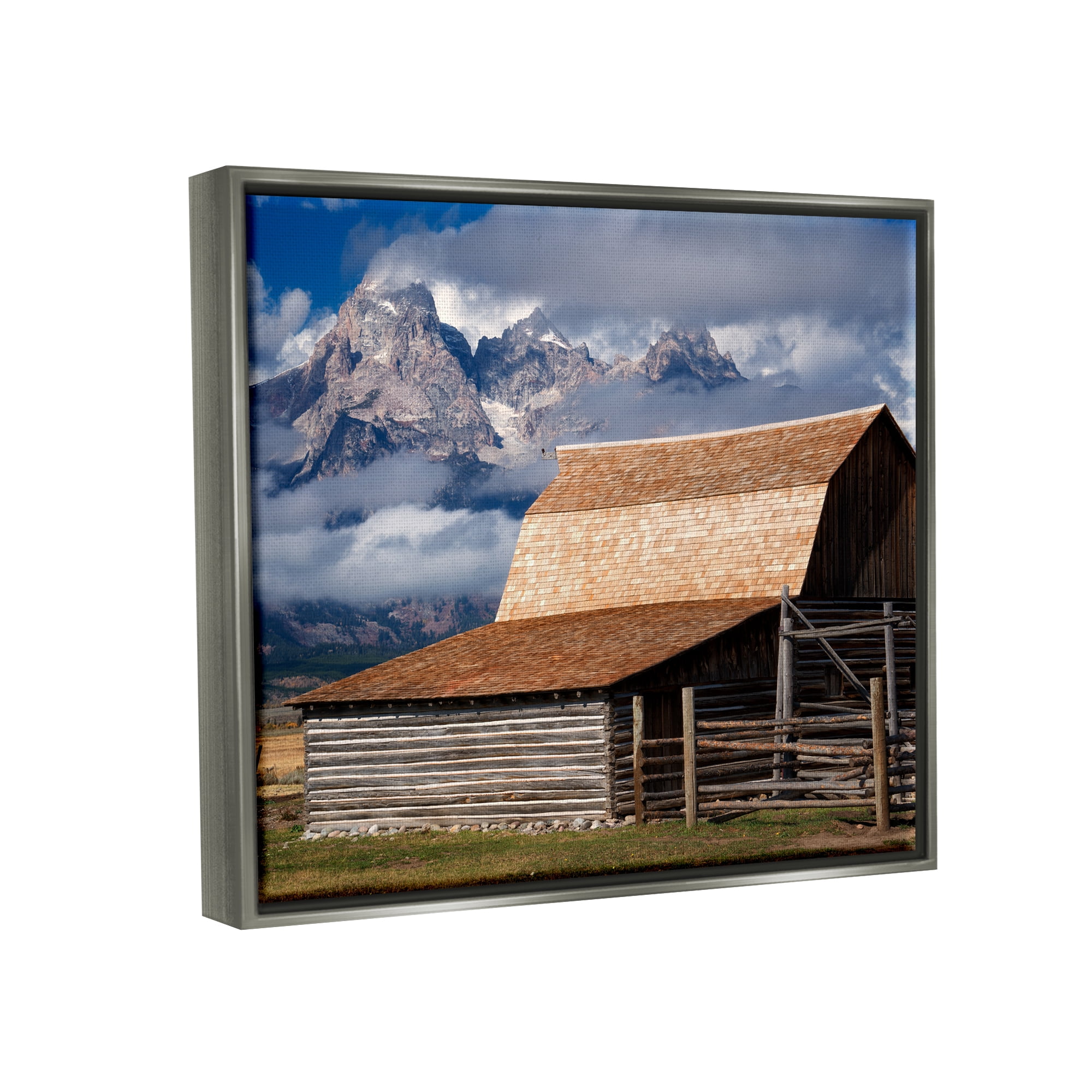 Stupell Industries Rural Cabin Foggy Mountain Peaks Landscape Photography Gray Floater Framed Art Print Wall Art