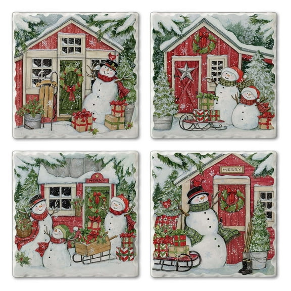Thirstystone "Snowman's Farmhouse" 4-Pack  Tumbled Tile Coasters