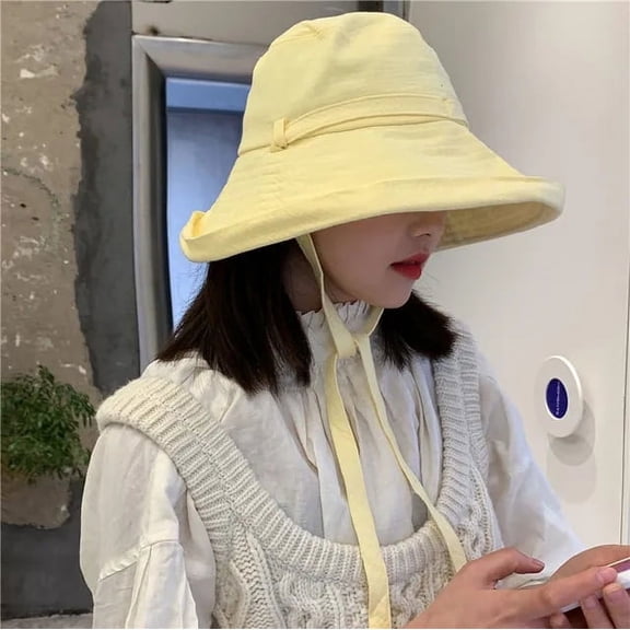 SikaFu Spring Summer Tie Bucket Hat Women Version Big Brim Fisherman Hat Foldable Sunshade Sunscreen Cotton Beach Hat Ladies