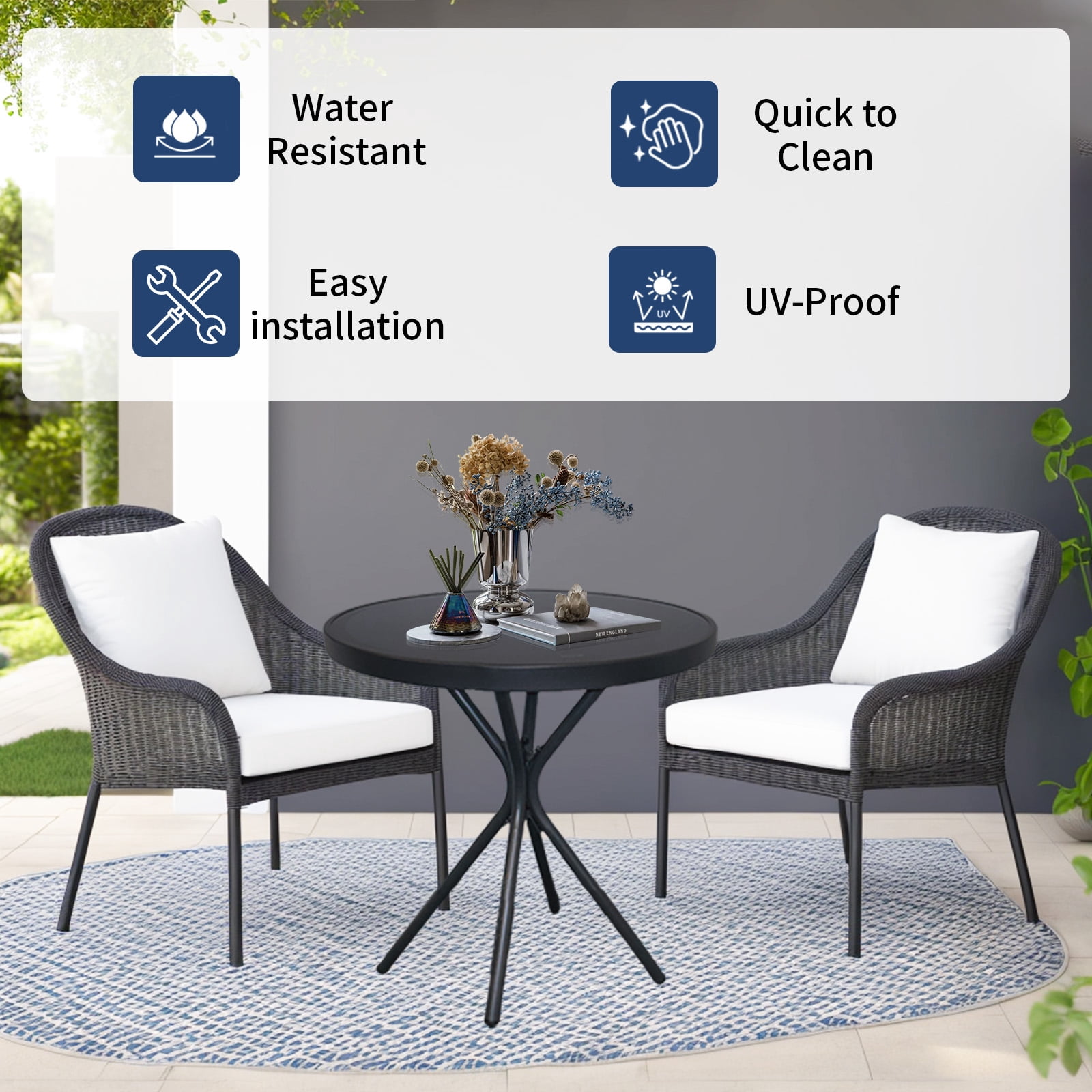 AstrPthylx 23" Outdoor Round Coffee Side Table - Tempered Glass Top, Metal Bistro & End Table for Patio, Balcony, Home