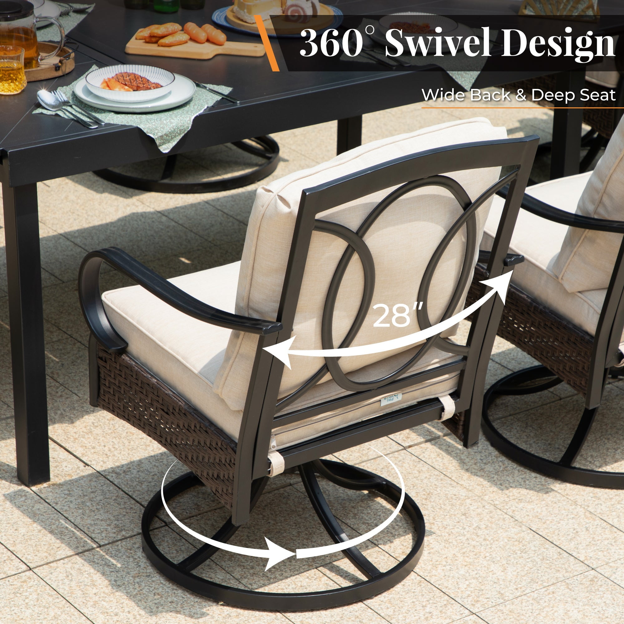 5-Piece Outdoor Patio Dining Set with Cushioned Swivel Chair & 37” Square Steel Table with umbrella Hole for 4 People, Black & Beige