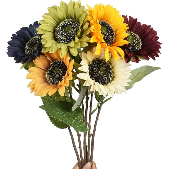 Viworld 6Pcs Multicolor Artificial Sunflower Flowers Long Stem Large Silk Sunflowers Bridal Wedding Bouquet Fake Yellow Flower Arrangements for Outdoor