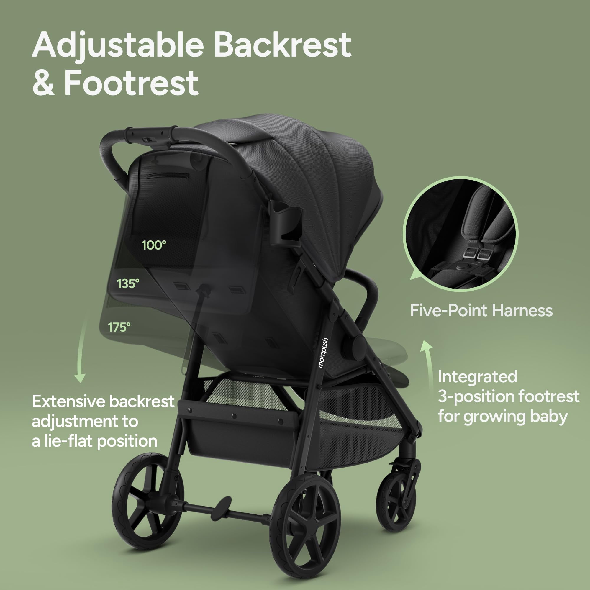 Mompush Nova Baby Stroller, Spacious Seat, Extra-Large UPF 50+ Canopy, Black, 22LB, Unisex