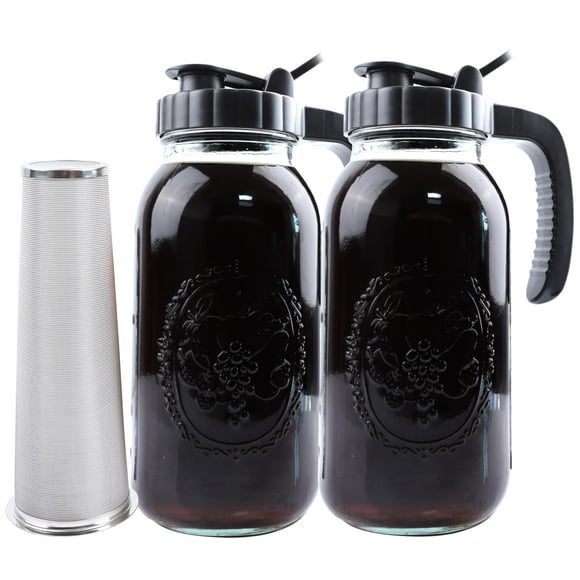 Cold Brew Coffee Maker Half Gallon 2 Set Glass Mason Jar Pitcher With Spout Lid Filter 2 Quart Wide Mouth Iced Tea Brewing Jug Heavy Duty Handle Airtight & Leak-Proof Pit