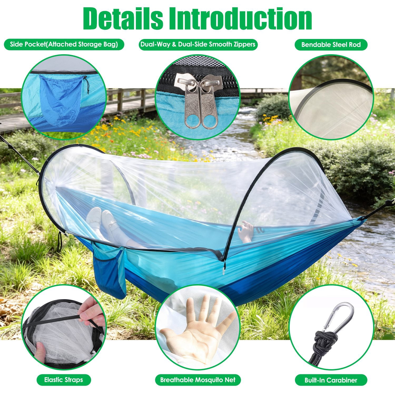 Lightweight Camping Hammock with Pop-Up Mosquito Net, 3-in-1 Portable Hammock Tent with Dual Zippers Side Pocket, 440lbs Load Capacity 70D Nylon for Outdoor Hiking Backpacking
