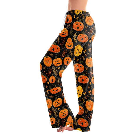 Womens Pj Pants Halloween Pumpkin Print Wide Leg Drawstring Pajama Pants Sleepwear