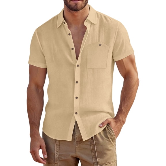 LWavelet Men's Short Sleeve Button Down Shirt, Single Chest Pocket Linen Blend Top for Casual Summer Wear Khaki M