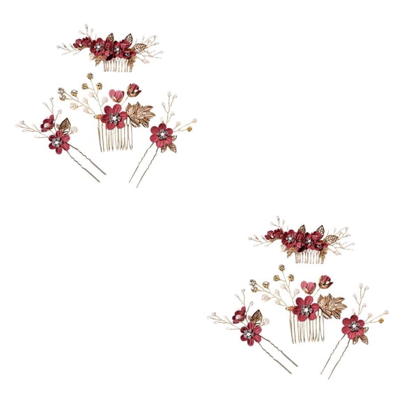 Qarigey 4 piezas de peinetas de flores para boda, conjunto de tocados de decoración, tocado elegante elegante para niñas, hermoso tocado de Rojo oscuro 2piezas