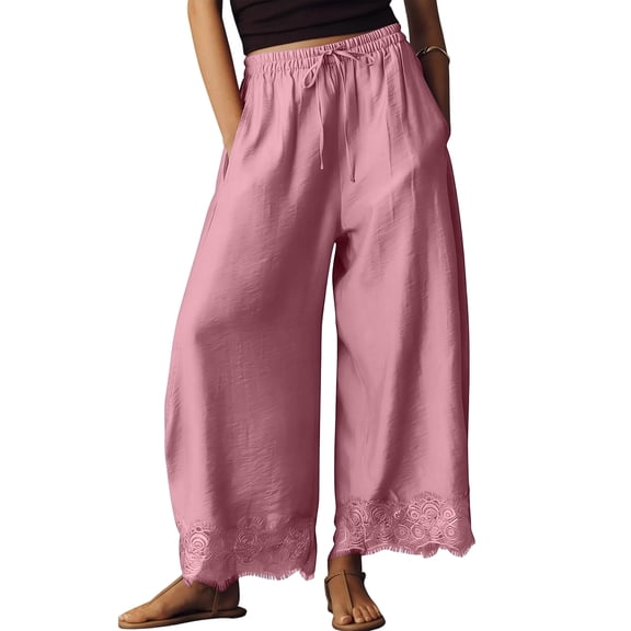 Women Lace Trim Wide Leg Pants Summer Casual Cropped Drawstring Elastic Waist Lightweight Trousers with Pockets, XL