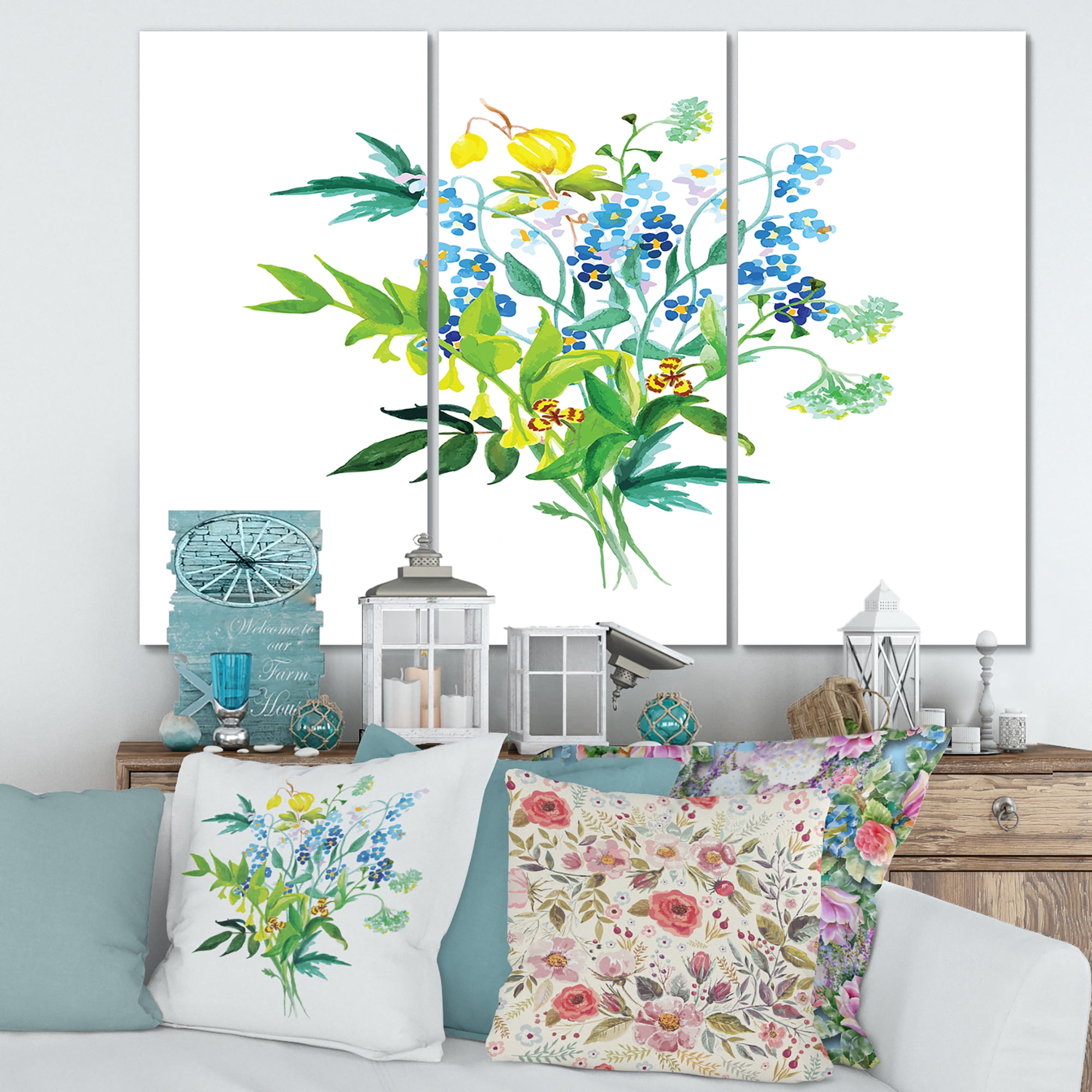 Designart ' Meadow Flowers Garland On White ' Farmhouse Canvas Wall Art Print