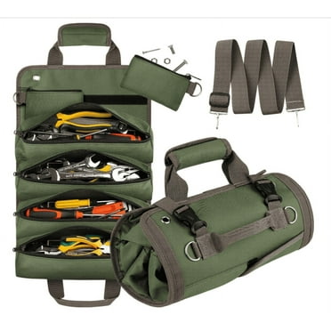 SUSWIM Tool Bag Roll Up, Heavy Duty Rolled Empty Tool Storage Organization, Portable Foldable Rollup Organizer with 2 Small Pouches, Rollable Carrying Toolbag, Dad Men Mechanic Birthday Gifts, Green