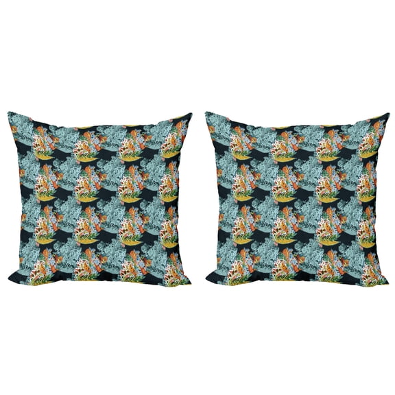 Ambesonne Paisley Throw Pillow Cover 2 Pack, Oriental Style Motifs, 18", Blue and Orange