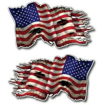 2 pack New Tattered Waving USA American Flag Vinyl Decal Army Navy Military Country Stickers Car Truck 4" x 7" 1 regular 1 mirrored reverse left facing right facing backwards