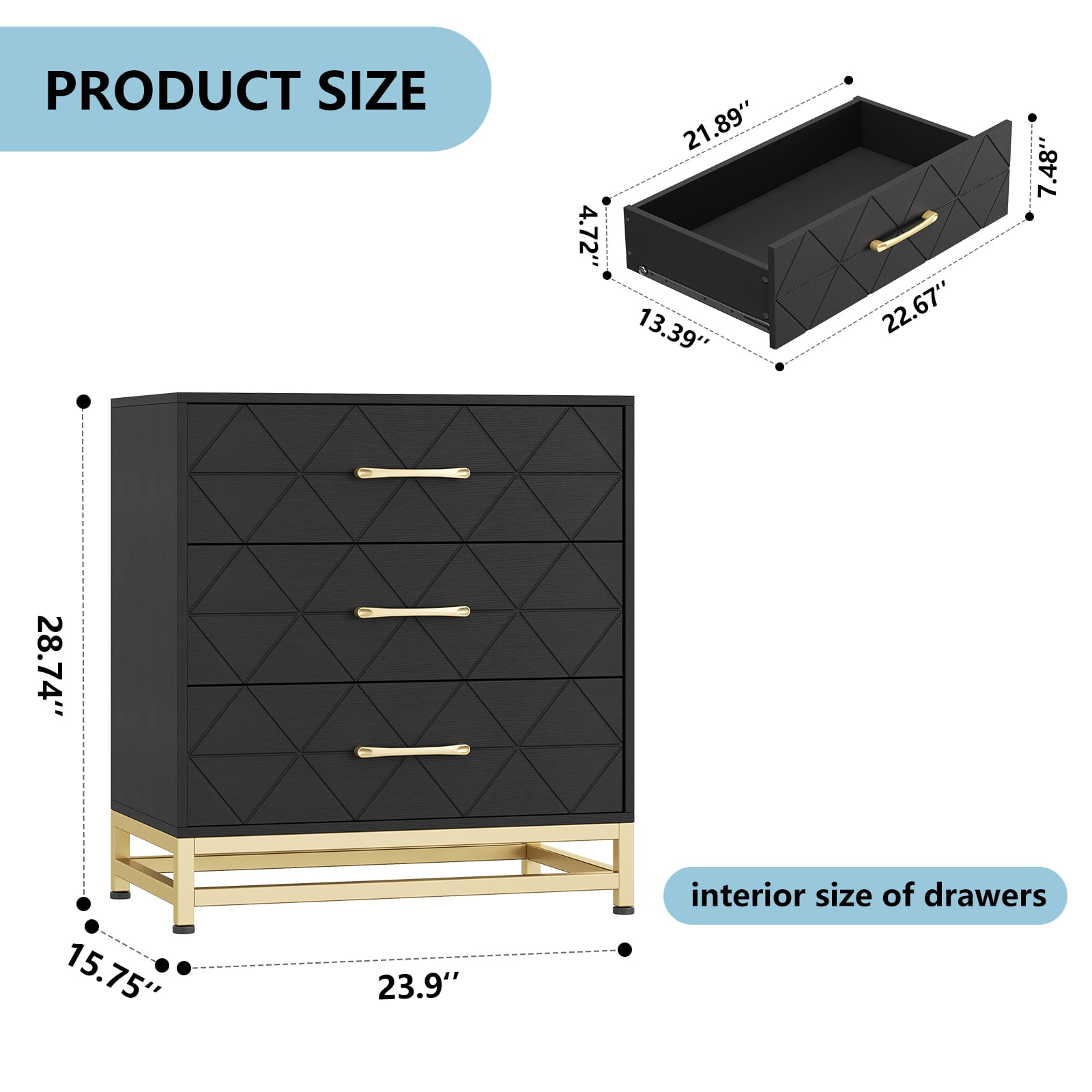 M optimized 3 Drawer Dresser for Bedroom, Modern Wood Dressers Chest of Drawers with Storage, Nightstand with Metal Handles