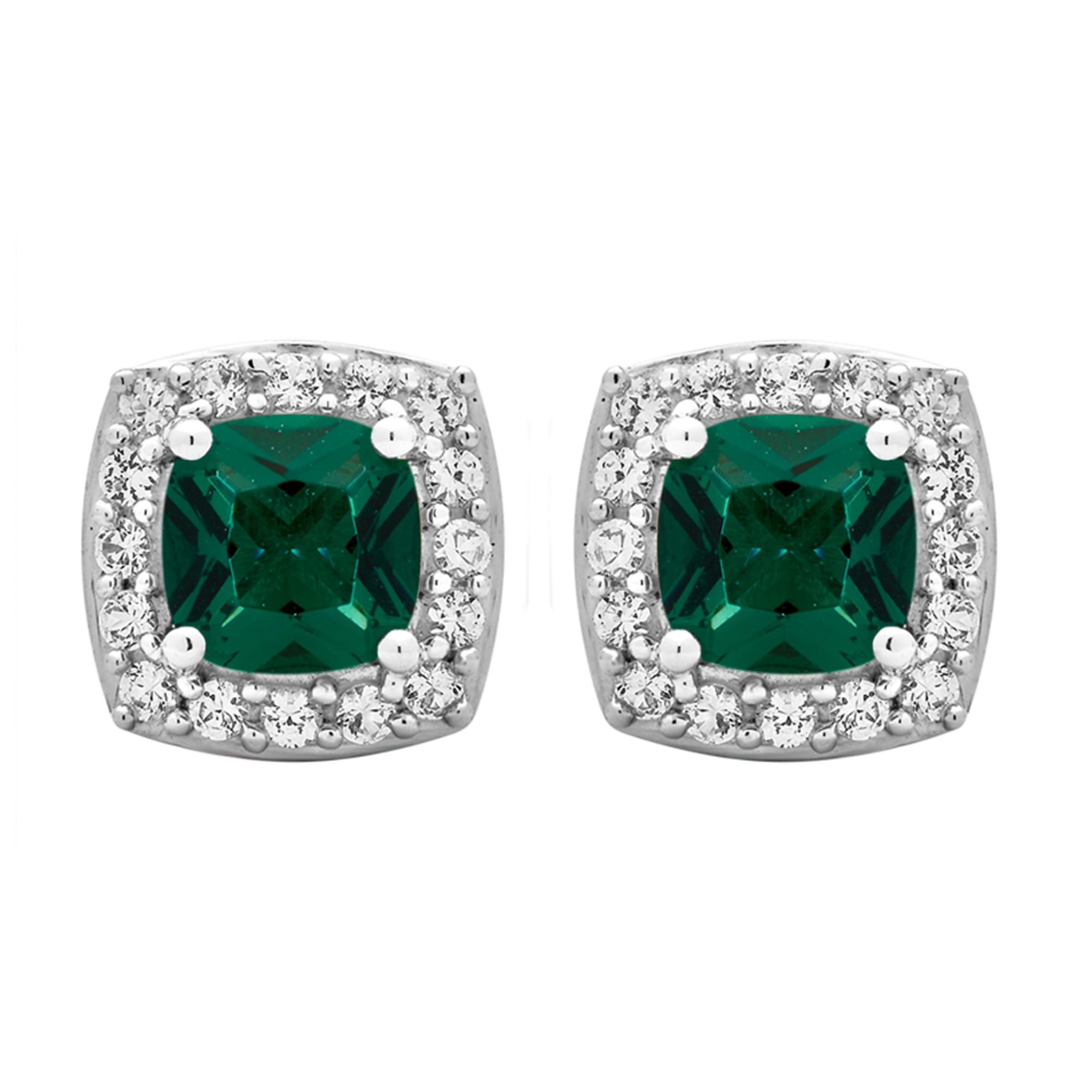 Arista Created Emerald and White Sapphire Women's Halo Stud Earrings in Sterling Silver