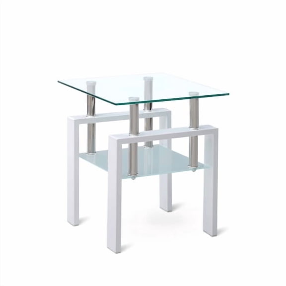 Dtwnek 2 Tier End Table with Open Shelf, Tempered Glass Tabletop Coffee Table for Living Room, Office, White