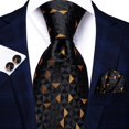 thumbnail image 6 of Hi-Tie Black Gold Plaid Tie for Men Silk Necktie Pocket Square Cufflinks Set Wedding Business Party, 6 of 6