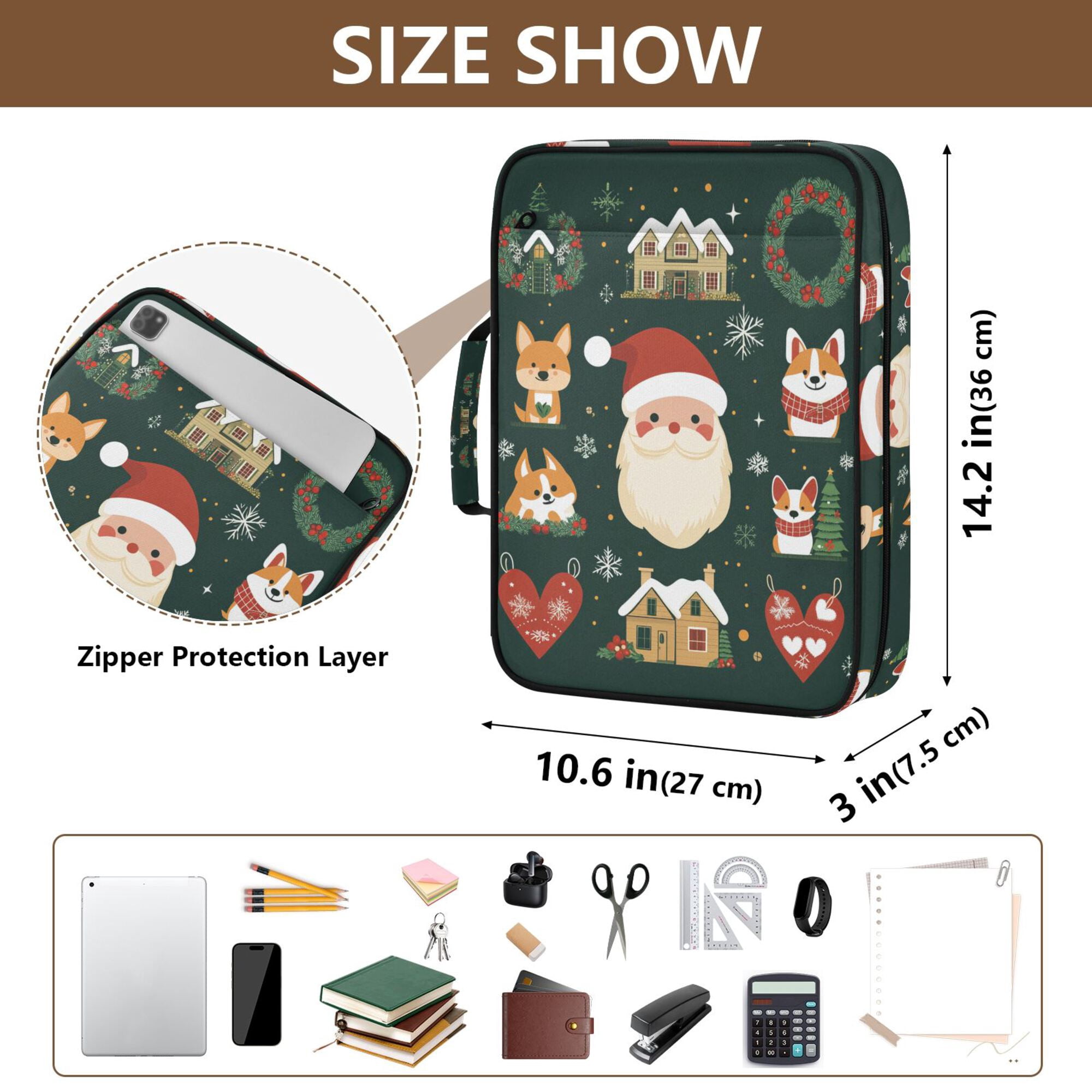 FORMRS Accordion File Folder A4 Size 7-Pocket Expanding Document Organizer Bag with 3 Ring Binder, Green Christmas