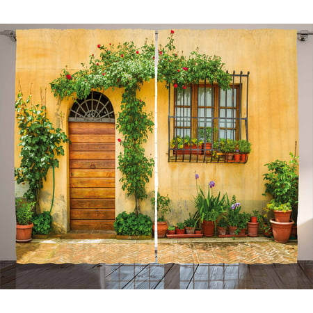 Italy Curtains 2 Panels Set, Porch with Different Flowers Pots Fresh Green Plants City Life in Tuscany, Window Drapes for Living Room Bedroom, 108W X 84L Inches, Apricot Green Brown, by