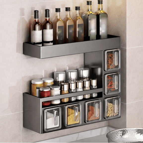 3Tier Kitchen Spice Rack Wall Mount Hanging Seasoning Box, Spice Containers Kitchen Organizer Over Stove Hanging Shelf Seasoning Jar Organizer for Sugar Salt Pepper (6 Box)
