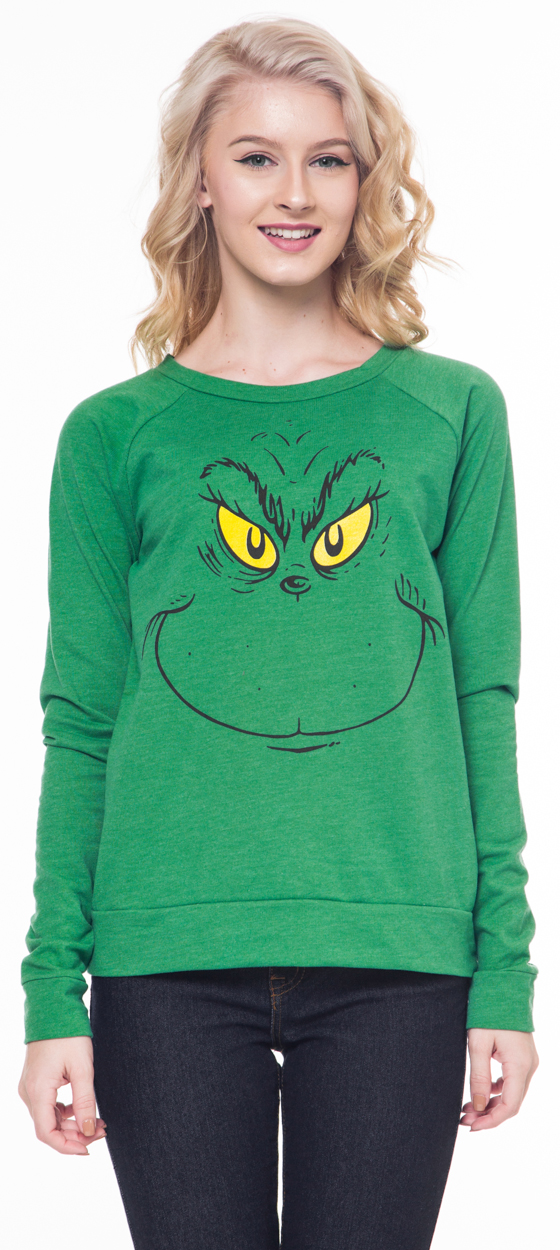 Kabelsalat Women Grinch Stole Christmas Grinch Face Green Crew Neck Graphic Long Sleeve Sweatshirt Pullover Tops
