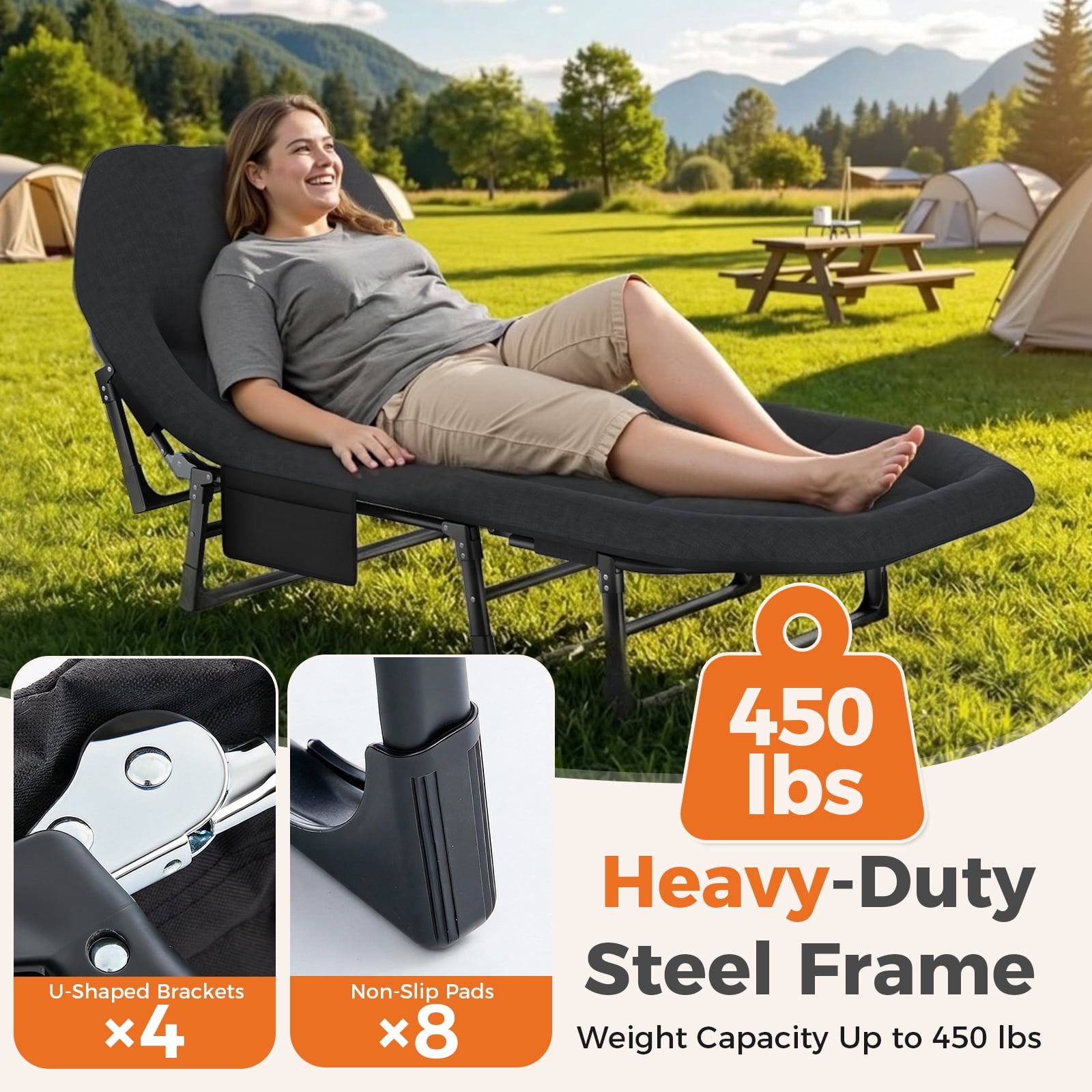 Gianna Folding Camping Bed, Adjustable Camping Cot with Mattress for Patio or Beach