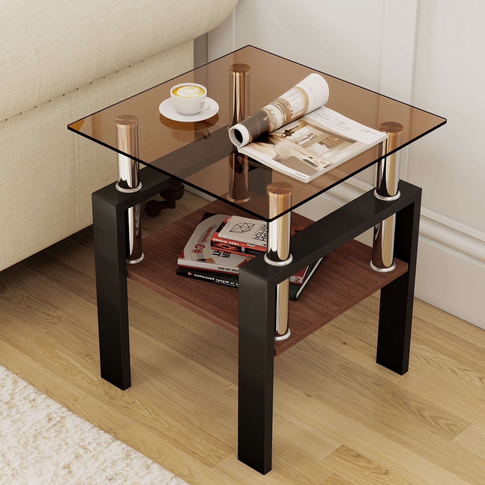 Euroco Set of 2 Modern Tempered Glass Tea Table ,Tempered Glass Tabletop with MDF Layer,Coffee Table,End Table, Square Table for Living Room, Brown/black