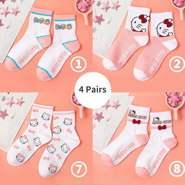 Sanrio-Calcetines de Hello Kitty para mujer, medias transpirables de algodón peinado con estampado de dibujos animados, 4 pares